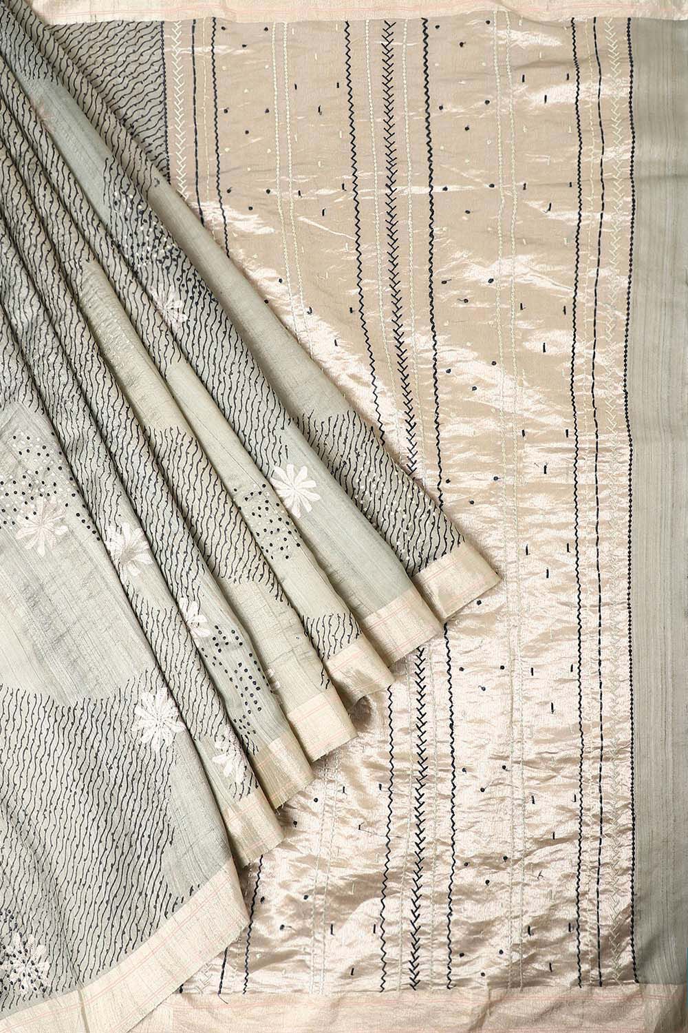 Grey Pure Silk Tussar Chanderi Saree image number null