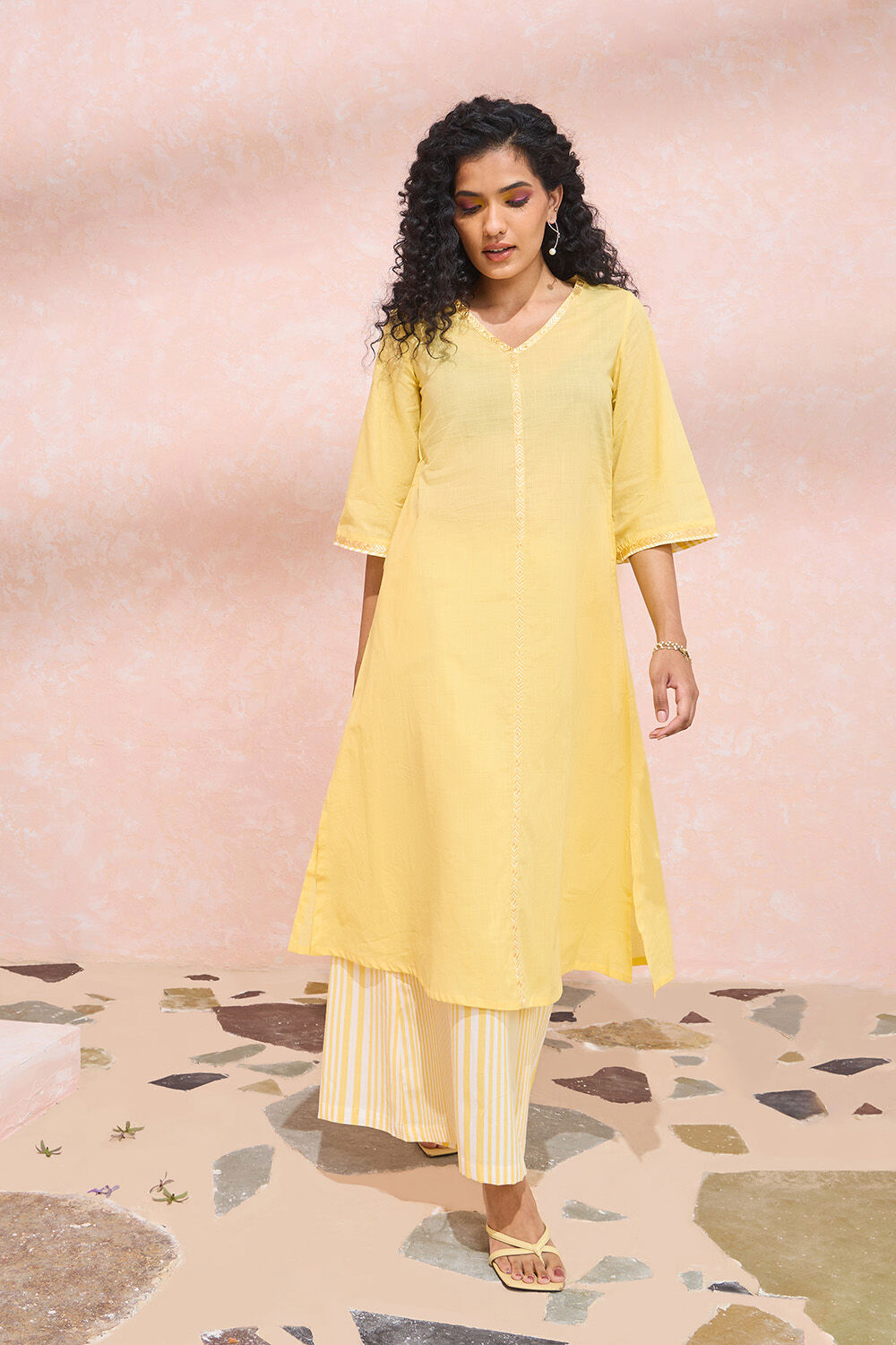 Yellow Pure Cotton Embroidered Kurta Set image number null