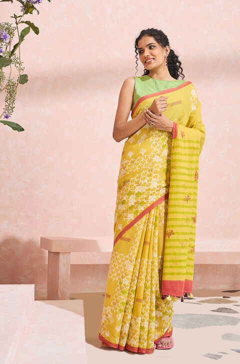 Yellow Bengal Block Printed Pure Cotton Mulmul Saree