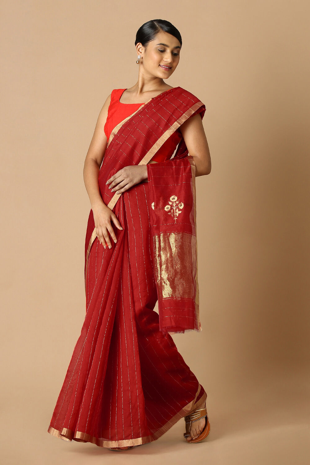 Red Pure Silk Cotton Chanderi Saree image number null