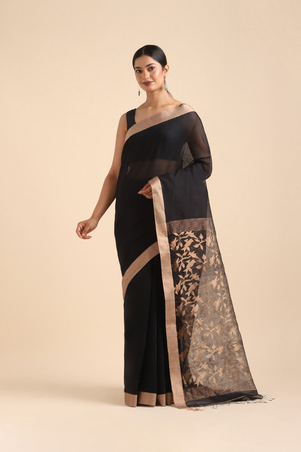 Black Pure Silk Cotton Bengal Saree image number null