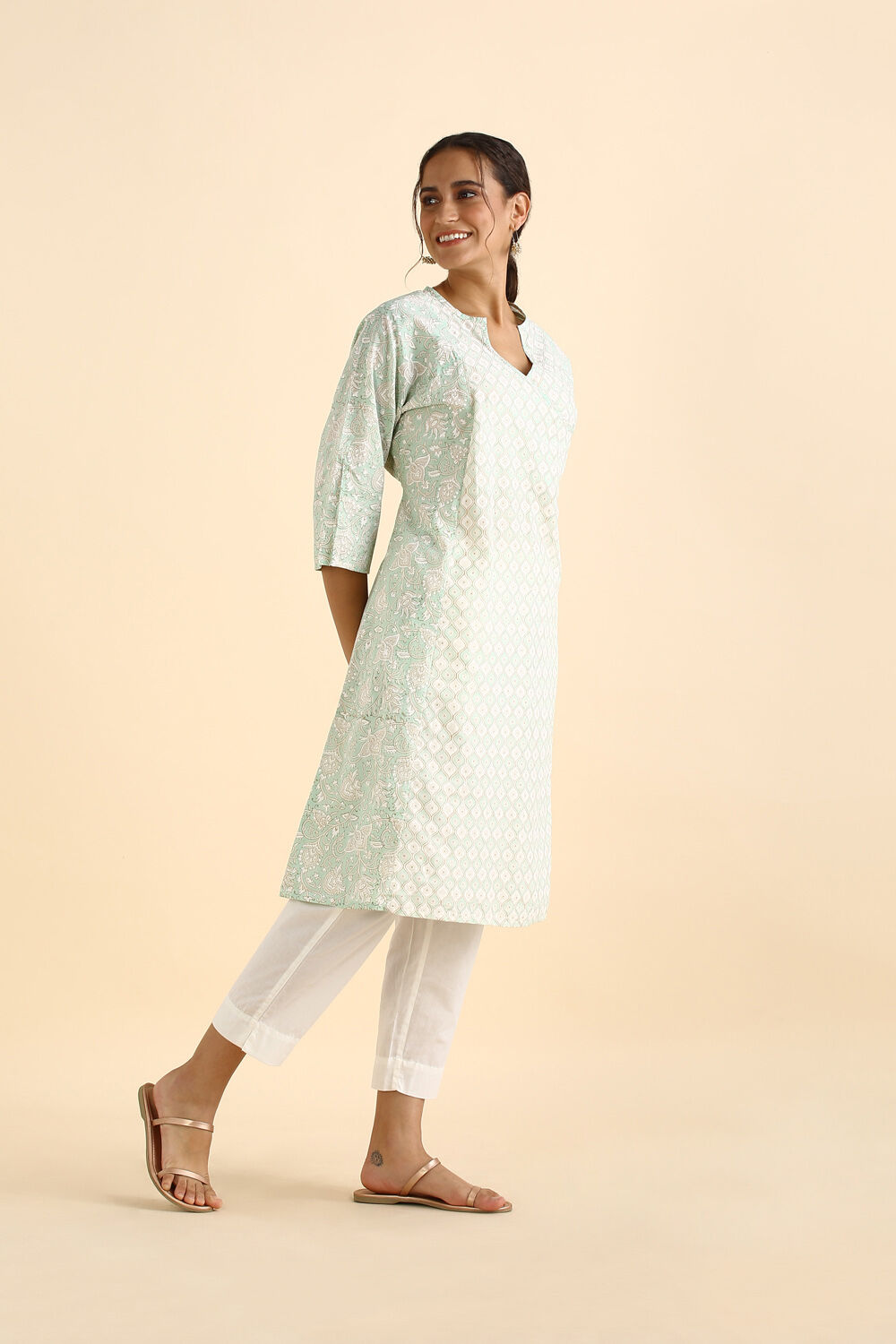 Light Green Sanganeri Block Printed Cotton Kurta image number null