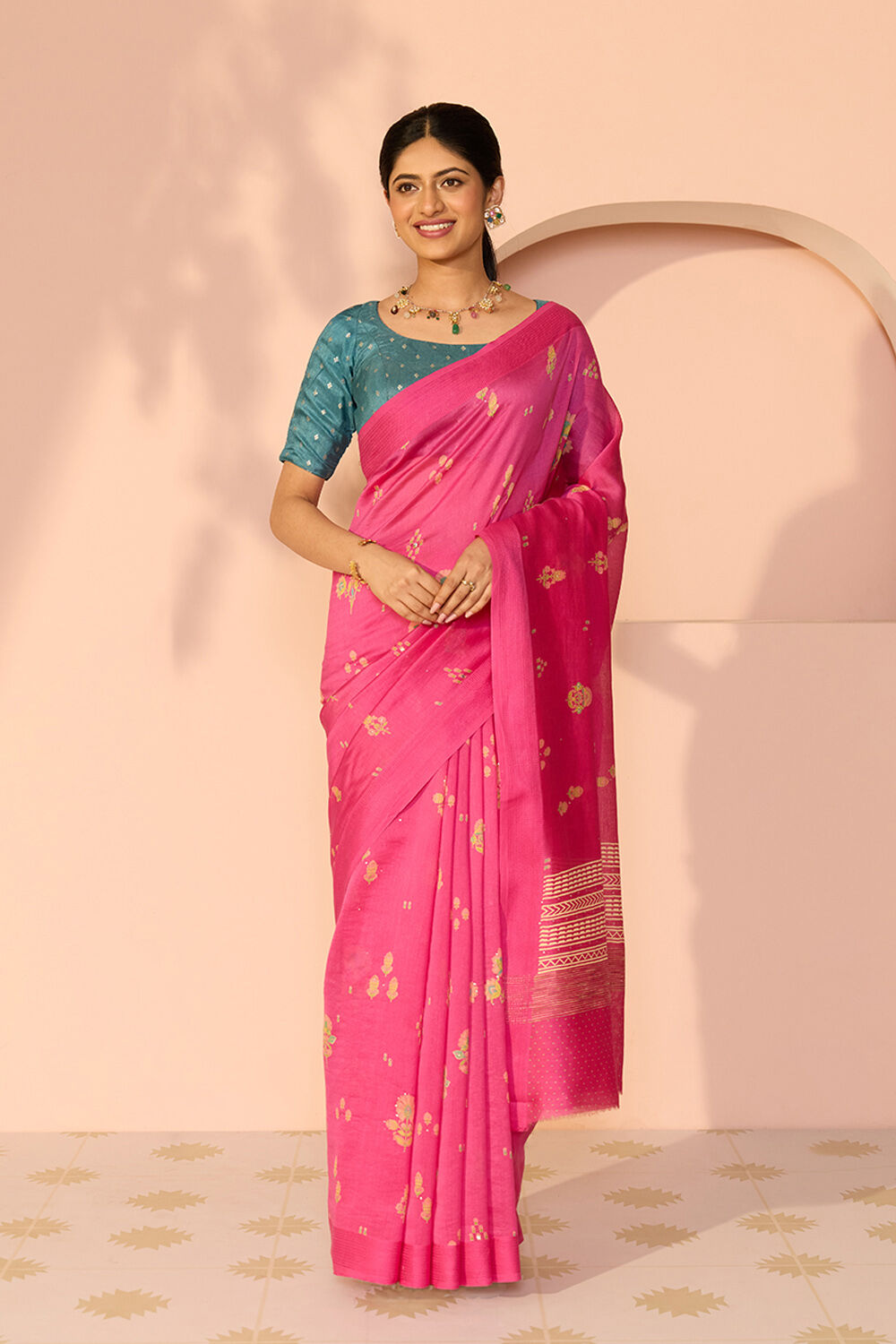 Dark Pink Mukaish Pure Silk Cotton Saree image number null