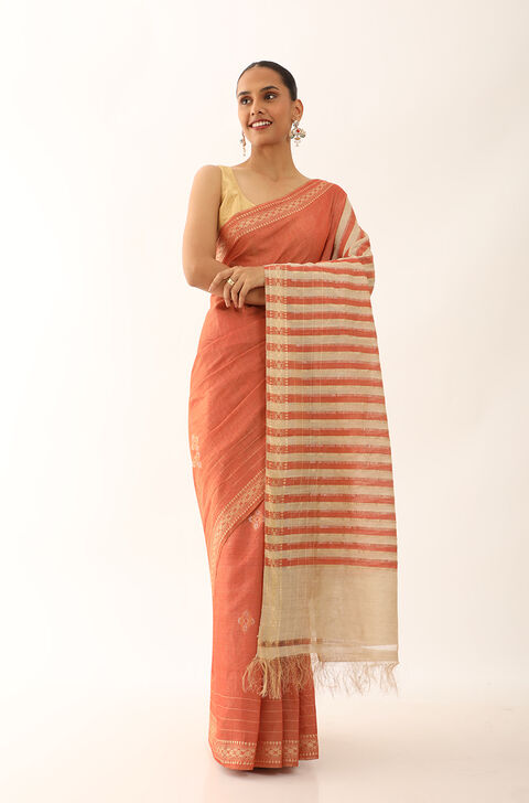 Light Orange Chattisgarh Pure Silk Tissue Woven Saree