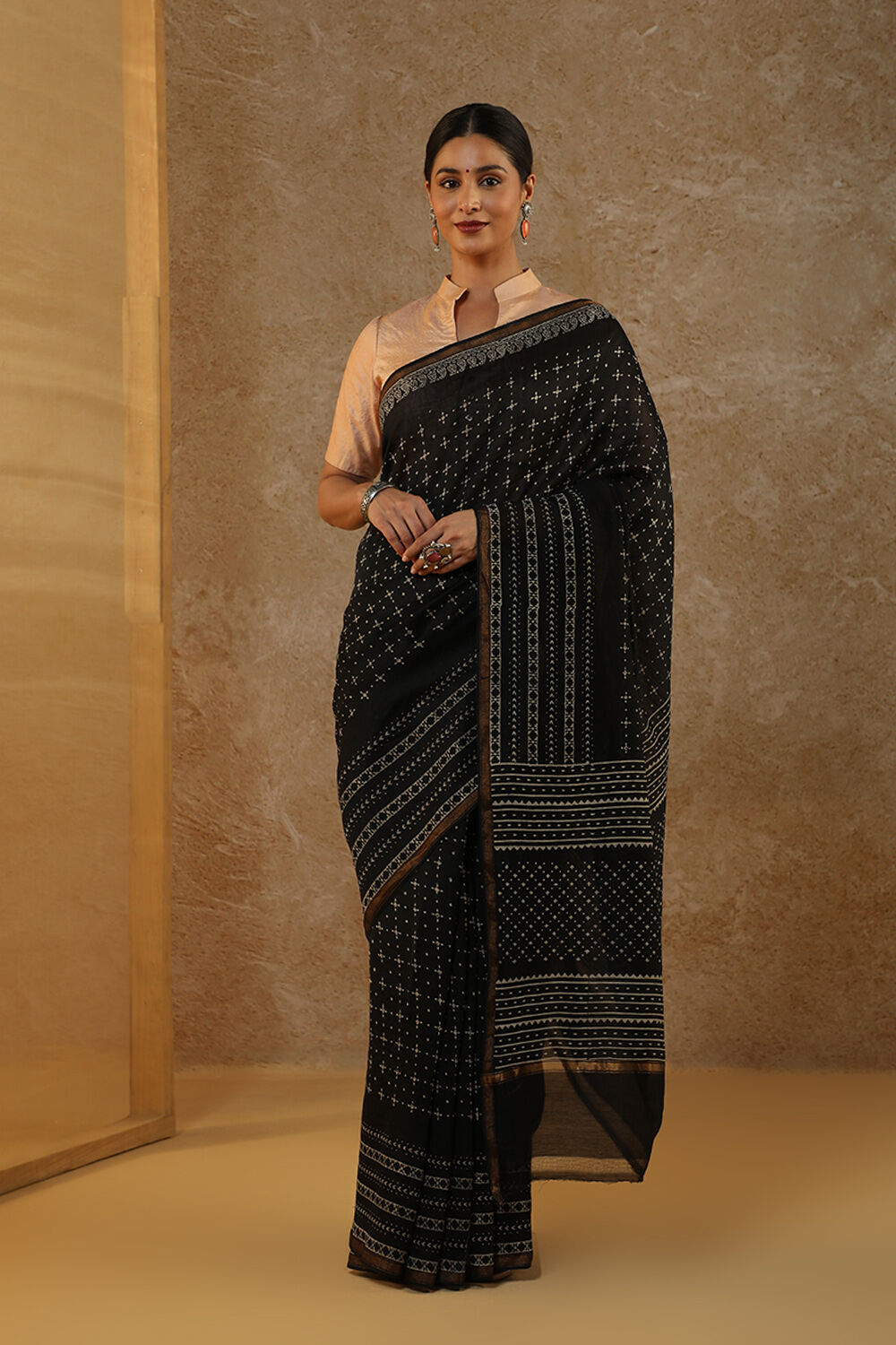 Black Block Printed Pure Silk Cotton Chanderi Saree image number null