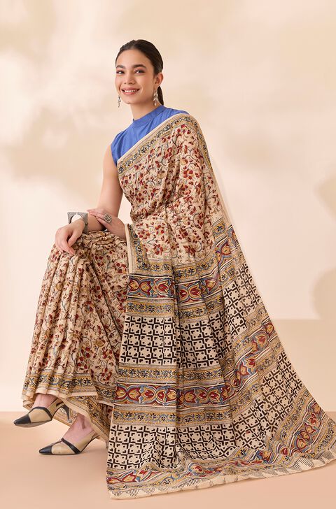 Beige Printed Kalamkari Machilipatnam Pure Cotton Saree