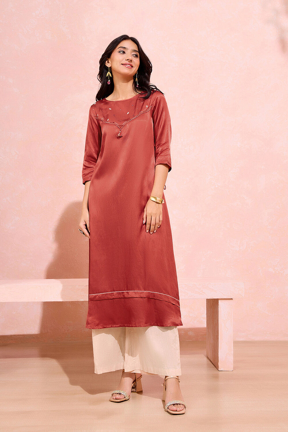 Dark Orange Viscose Cotton Embroidered Kurta Set image number null