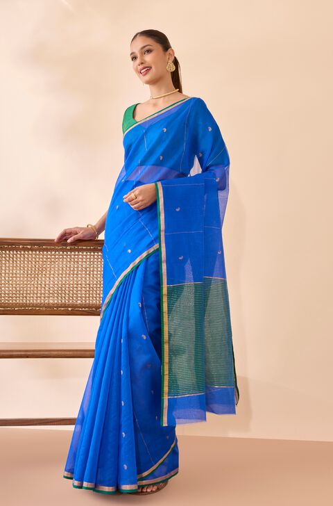 Blue Woven Pure Silk Cotton Chanderi Saree