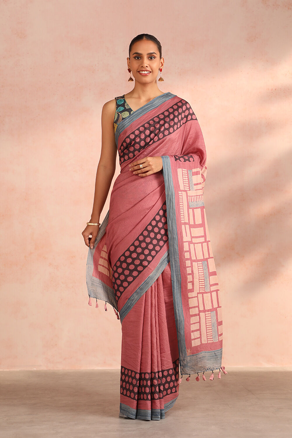Pink Gujarat Pure Silk Ajrakh Block Print Saree image number null