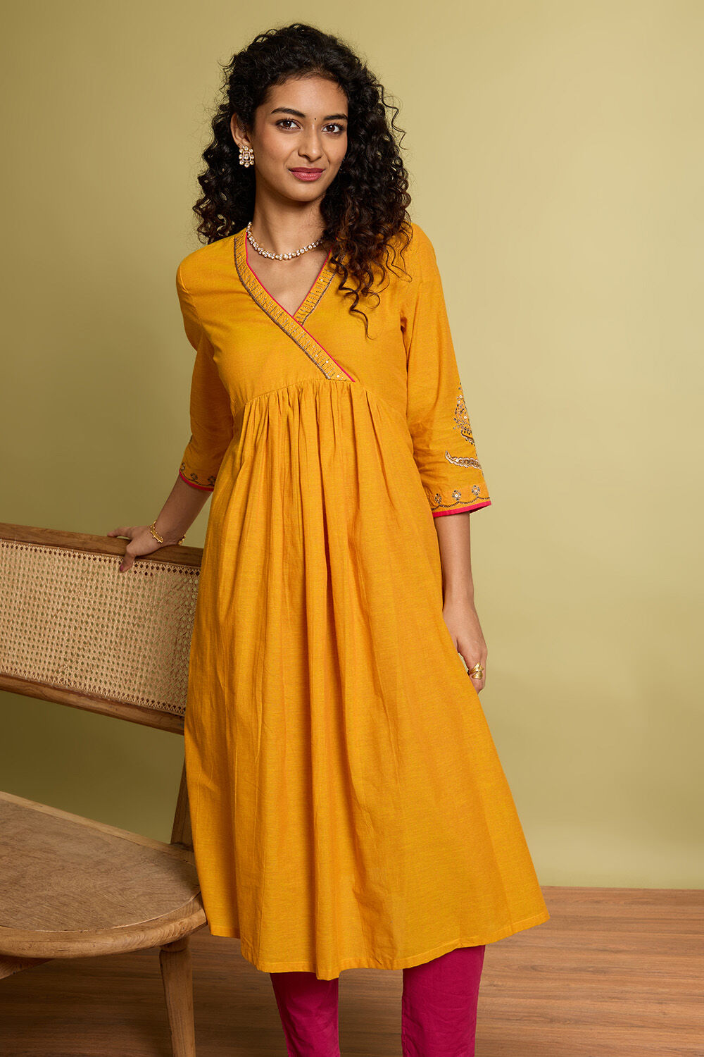 Yellow Embroidered Pure Cotton Kurta image number null