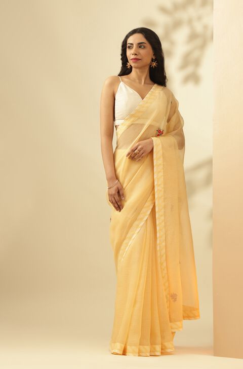 Yellow Pure Kota Embroidered Saree