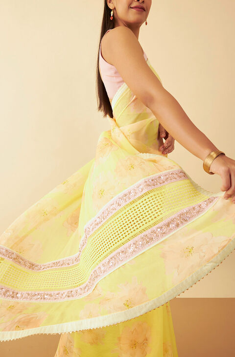 Yellow Printed Viscose Organza Saree