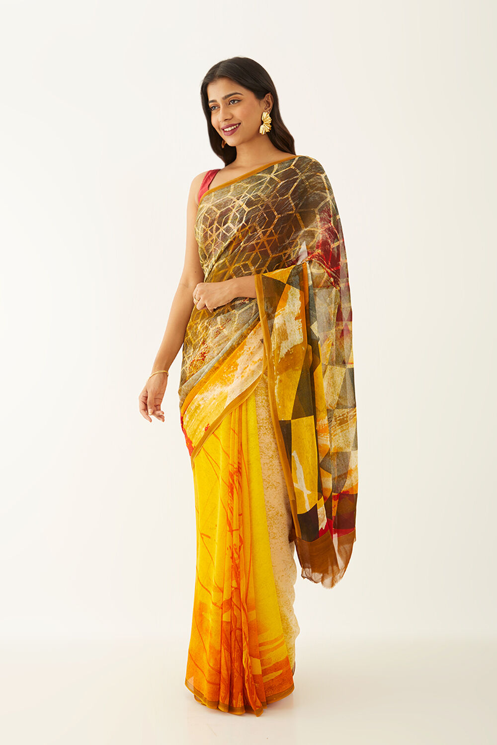 Yellow Viscose Georgette Digital Print Saree image number null