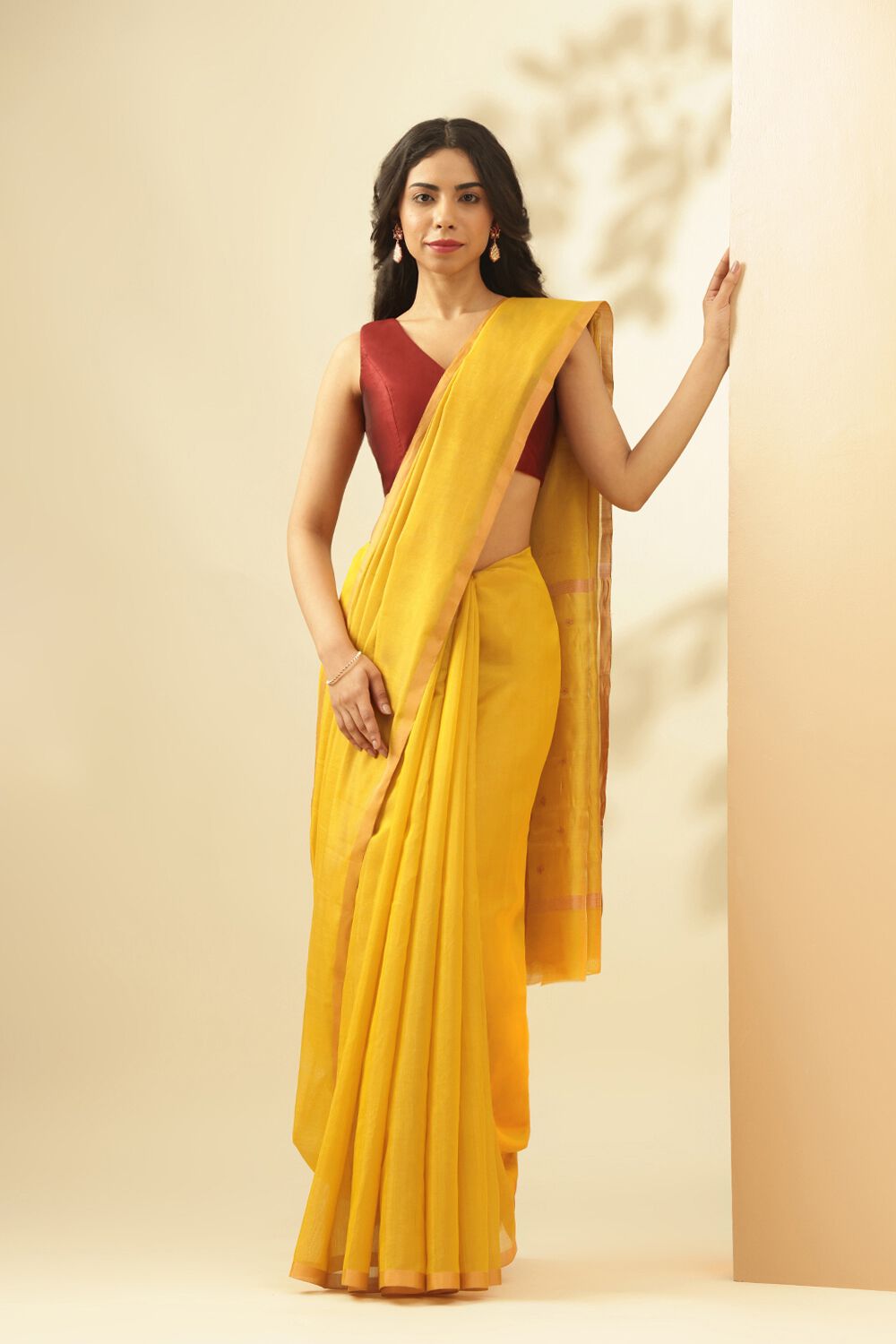 Dark Yellow Woven Pure Tissue Cotton Chanderi Saree image number null