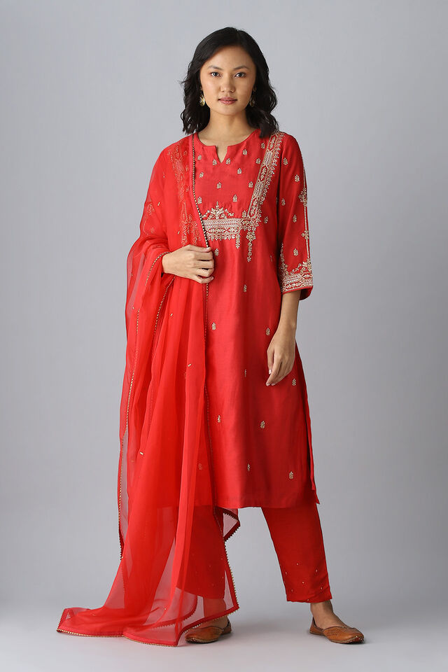 Red Embroidered Silk Cotton Kurta Set