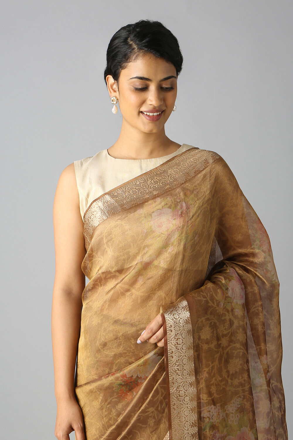 Brown Pure Tissue Silk Digital Printed Saree image number null