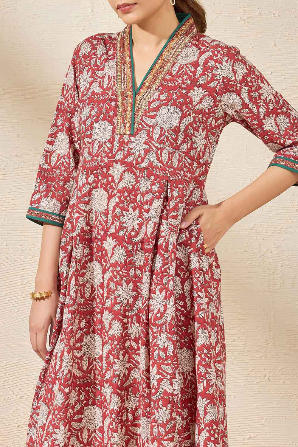 Red Pure Cotton Printed Sanganeri Kurta image number null
