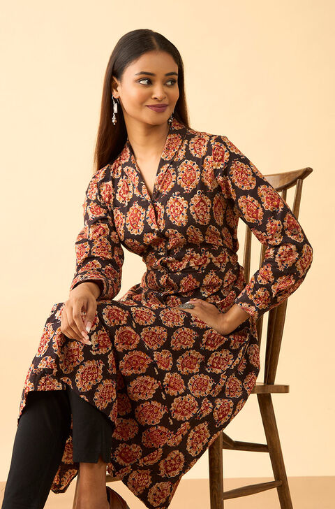 Black Printed Kalamkari Pure Cotton Kurta