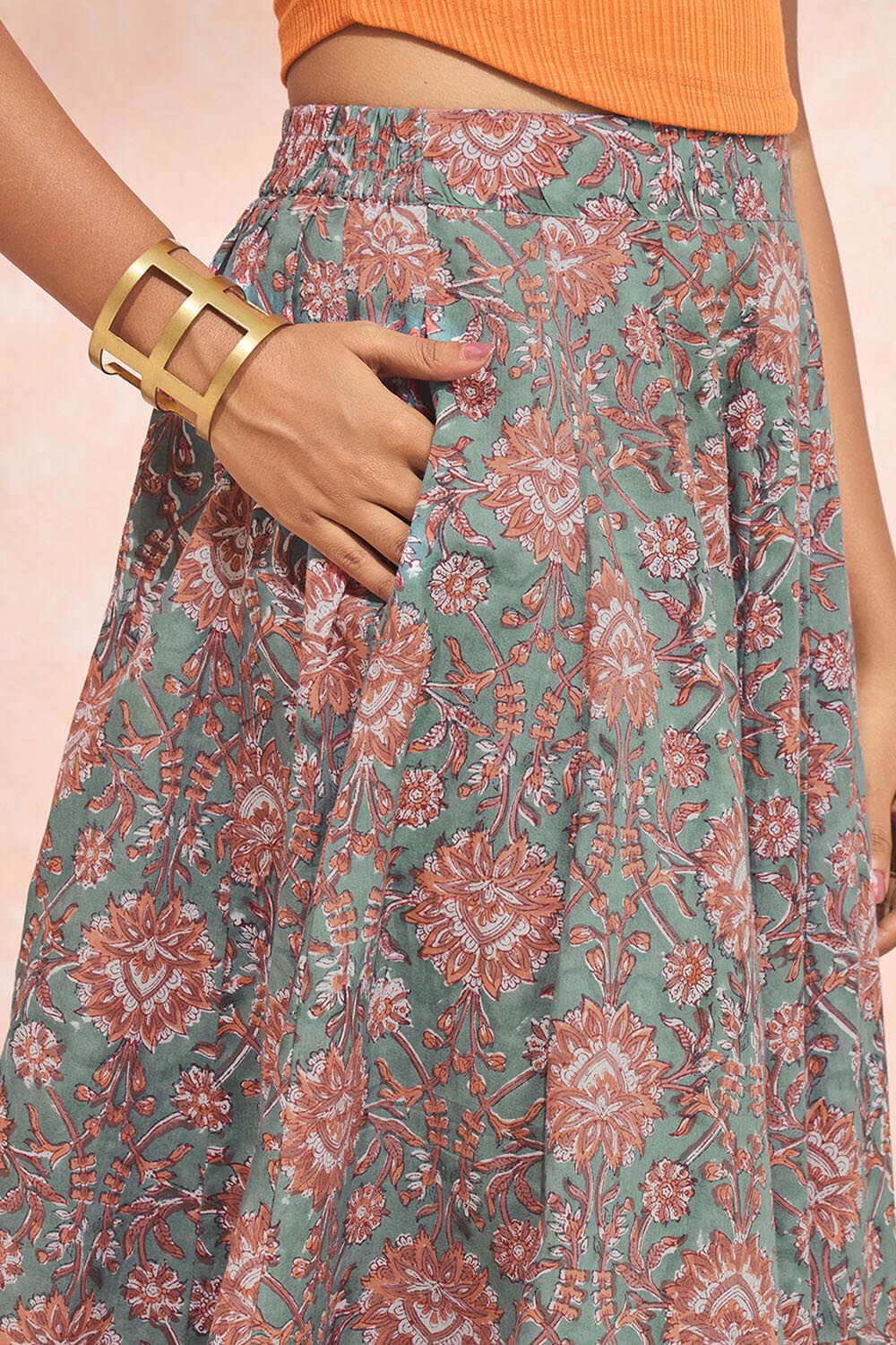 Dark Green Block Printed Pure Cotton Skirt image number null