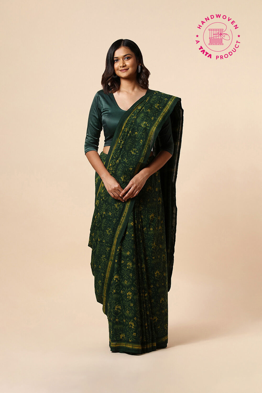 Green Pure Khadi Cotton Dabu Printed Saree image number null
