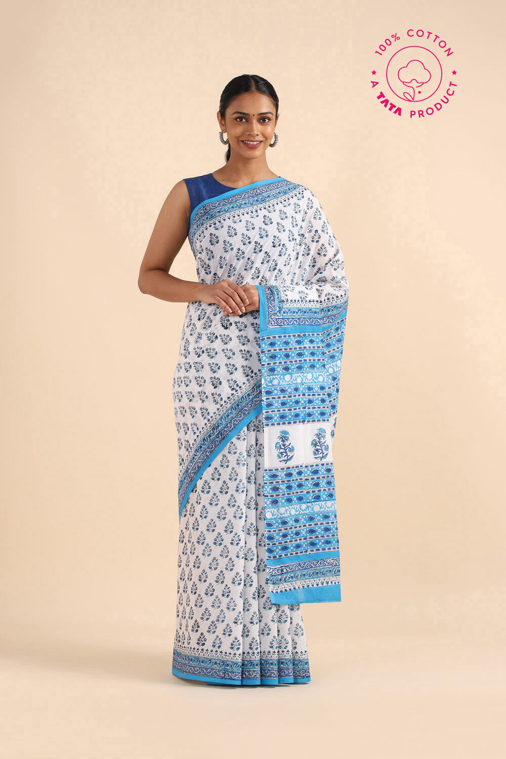 White Pure Cotton Sanganeri Printed Saree image number null