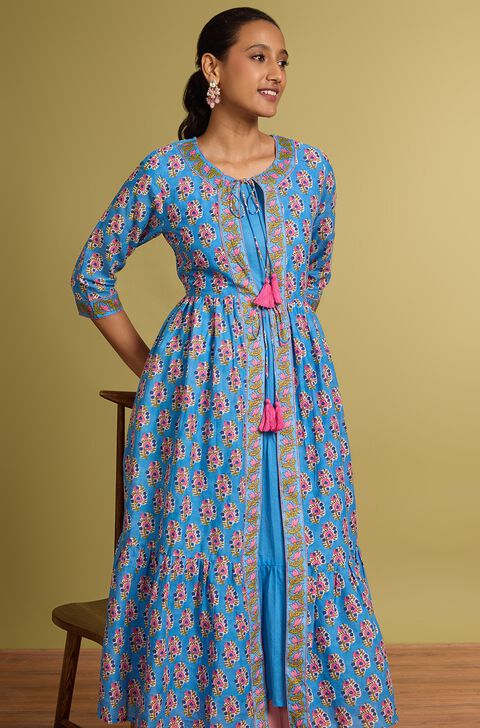 Blue Screen Printed Pure Cotton Kurta with Slip