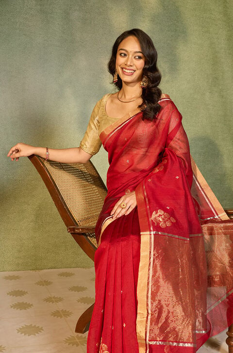 Red Woven Pure Silk Cotton Chanderi Saree