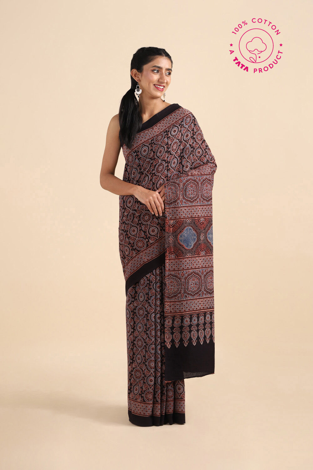 Black Pure Cotton Ajrakh Printed Saree image number null