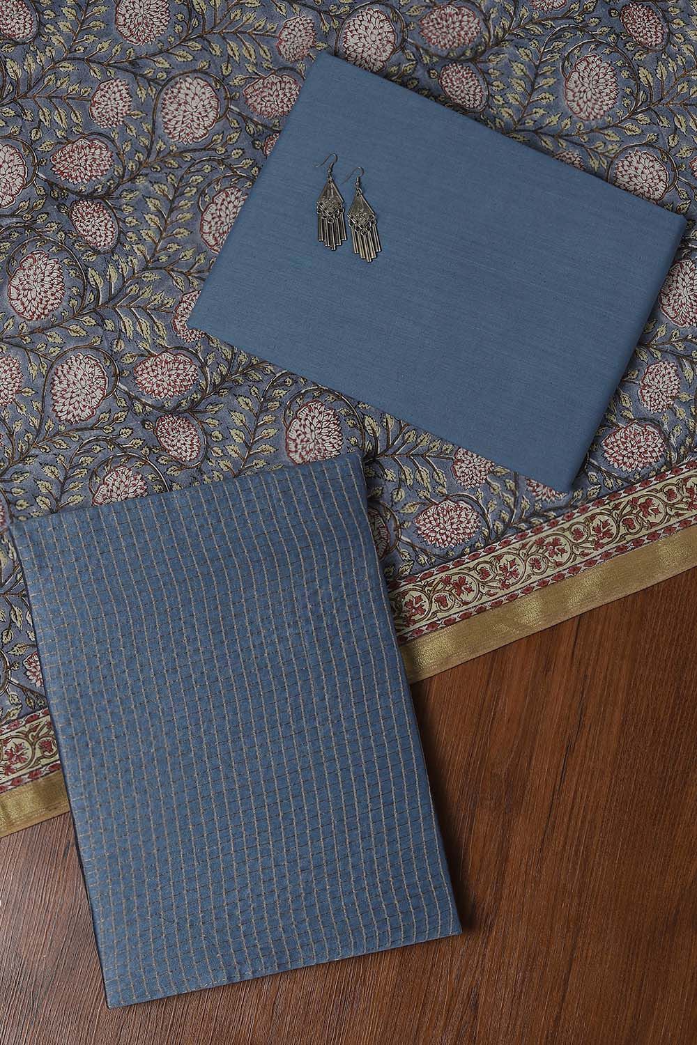 Light Blue Silk Cotton Embroidered Unstitched Suit Set image number null