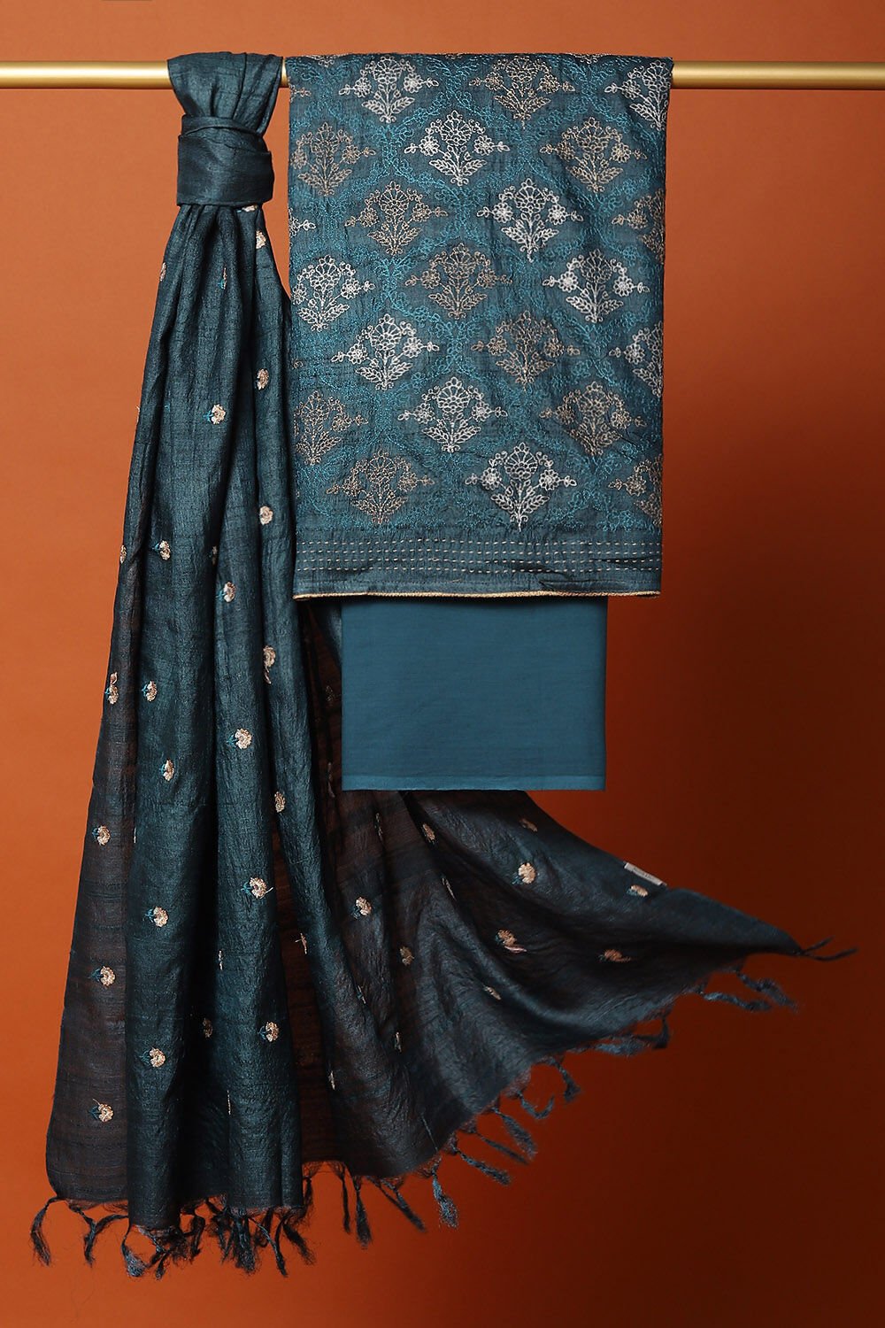 Blue Tussar Embroidered Unstitched Suit Set image number null