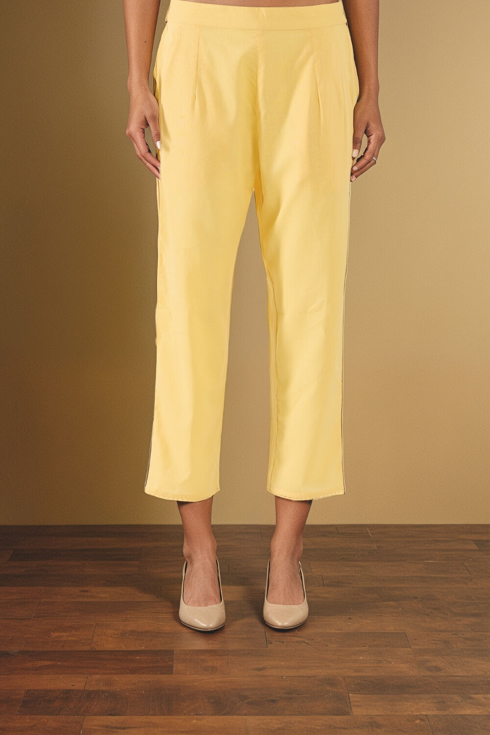 Light Yellow Woven Pure Cotton Linen Trouser image number null