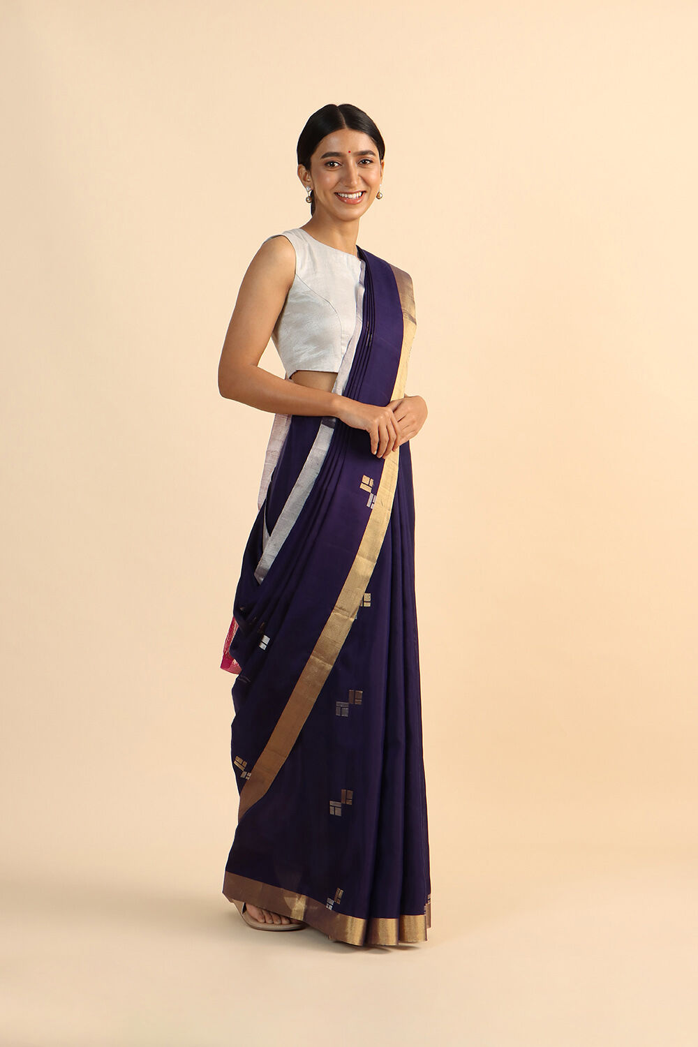 Dark Blue Pure Silk Tencel South Saree image number null