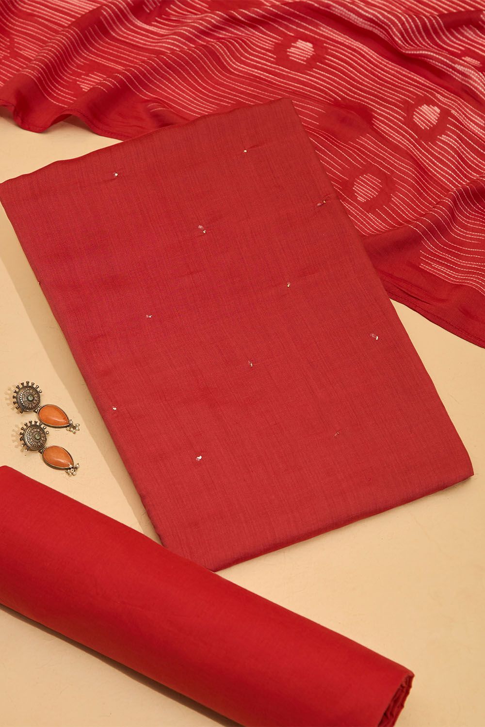 Red Viscose Mukaish Unstitched Suit Set image number null