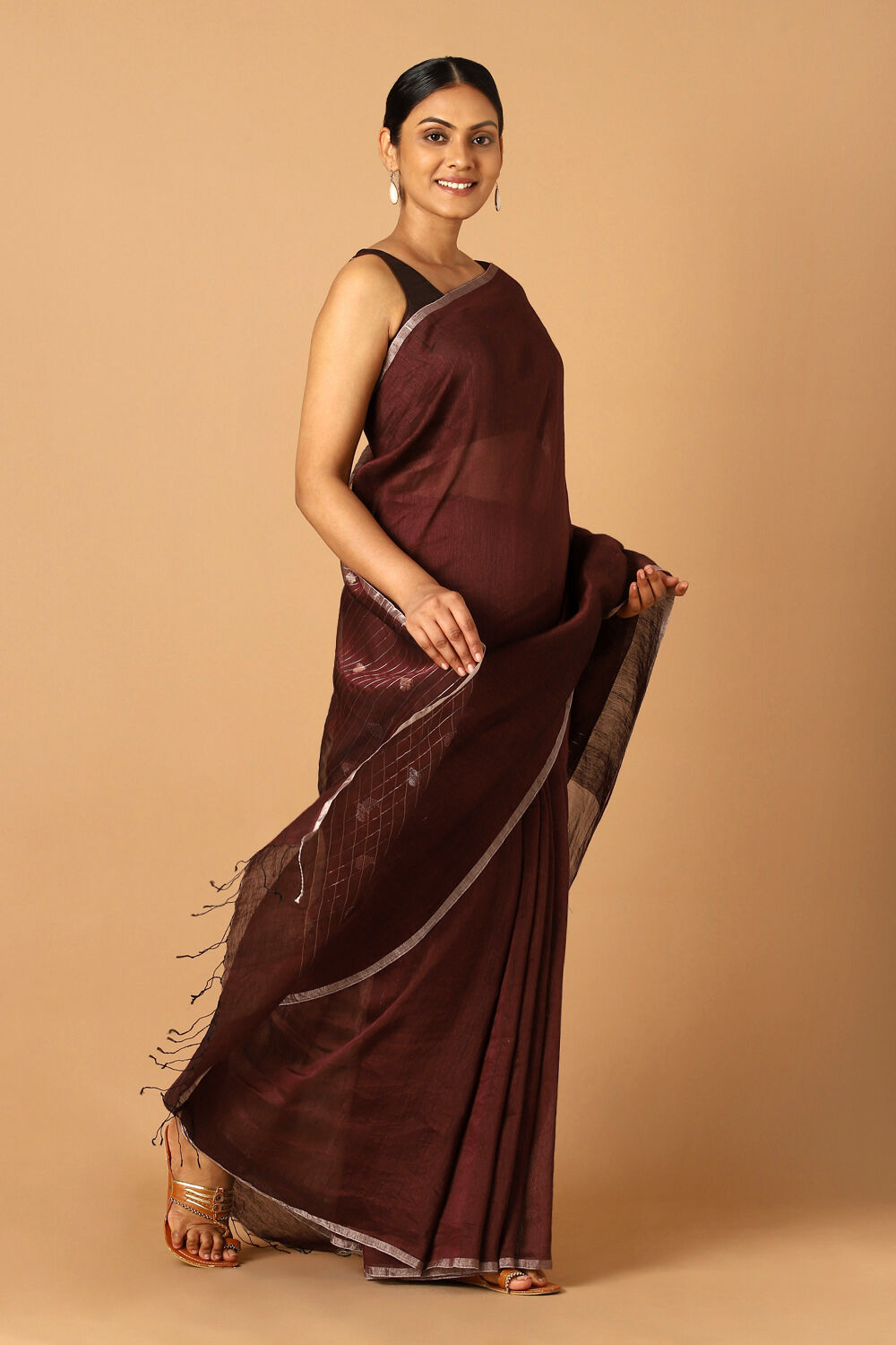 Dark Red Pure Silk Linen Jamdani Saree image number null