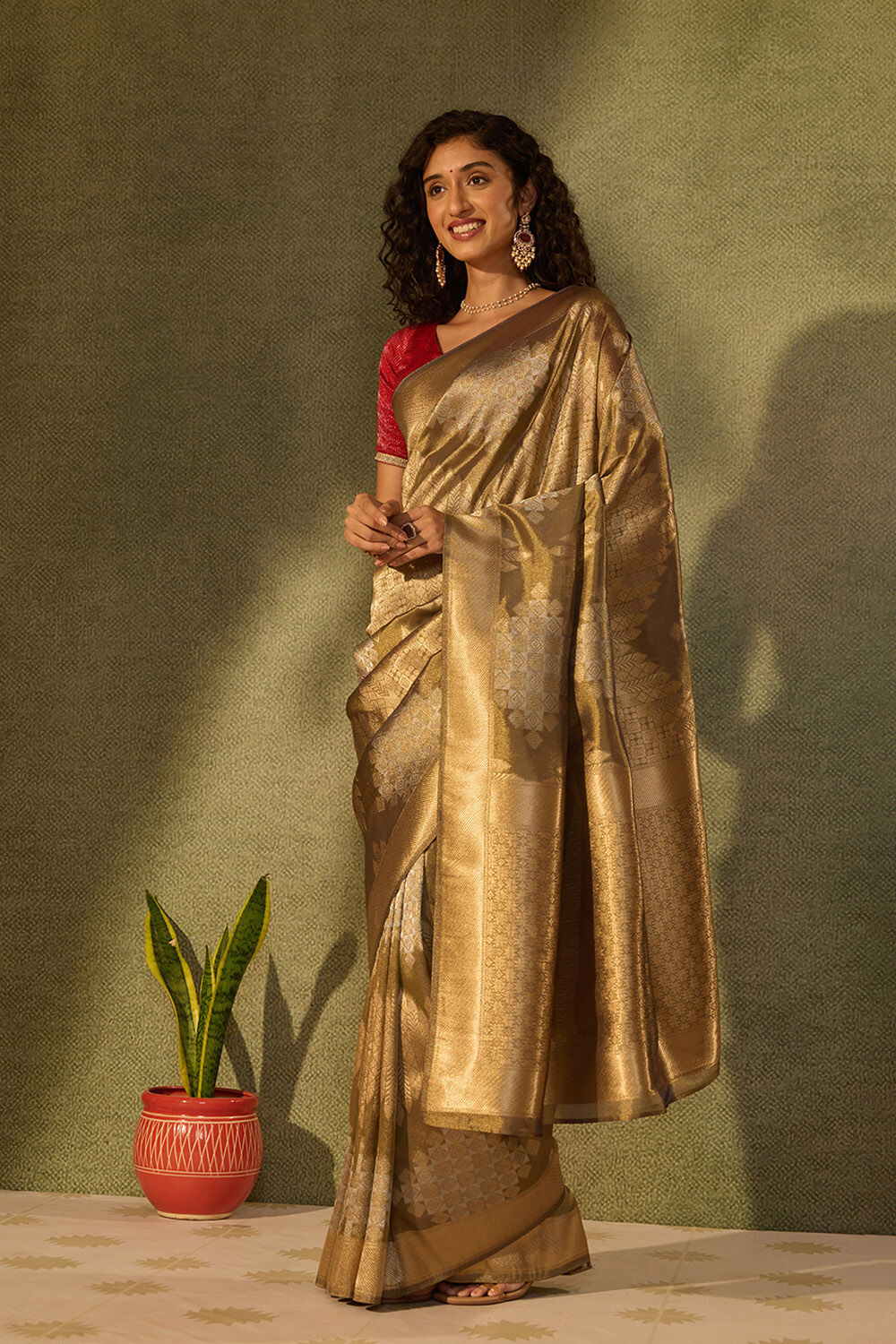 Grey Viscose Tissue Woven Saree image number null