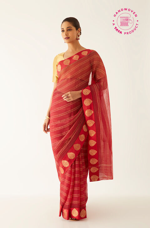 Dark Red Pure Organza Banarasi Saree