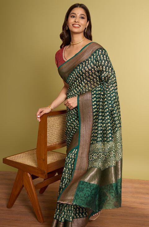 Dark Green Rajasthan Block Printed Pure Silk Cotton Saree