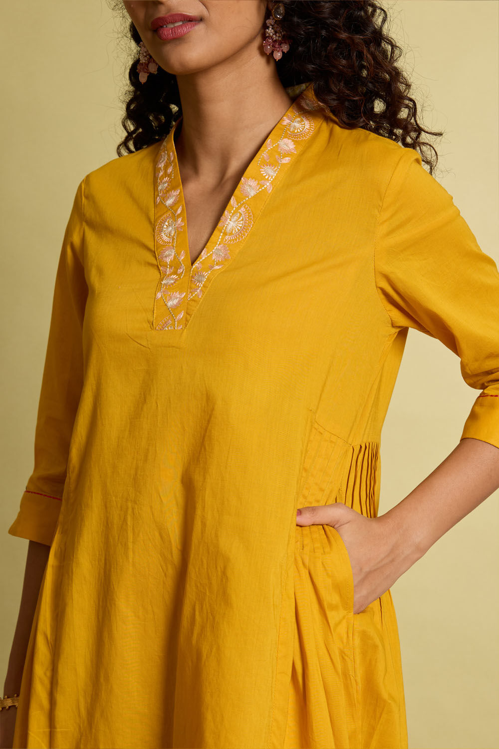 Yellow Embroidered Pure Cotton Kurta image number null