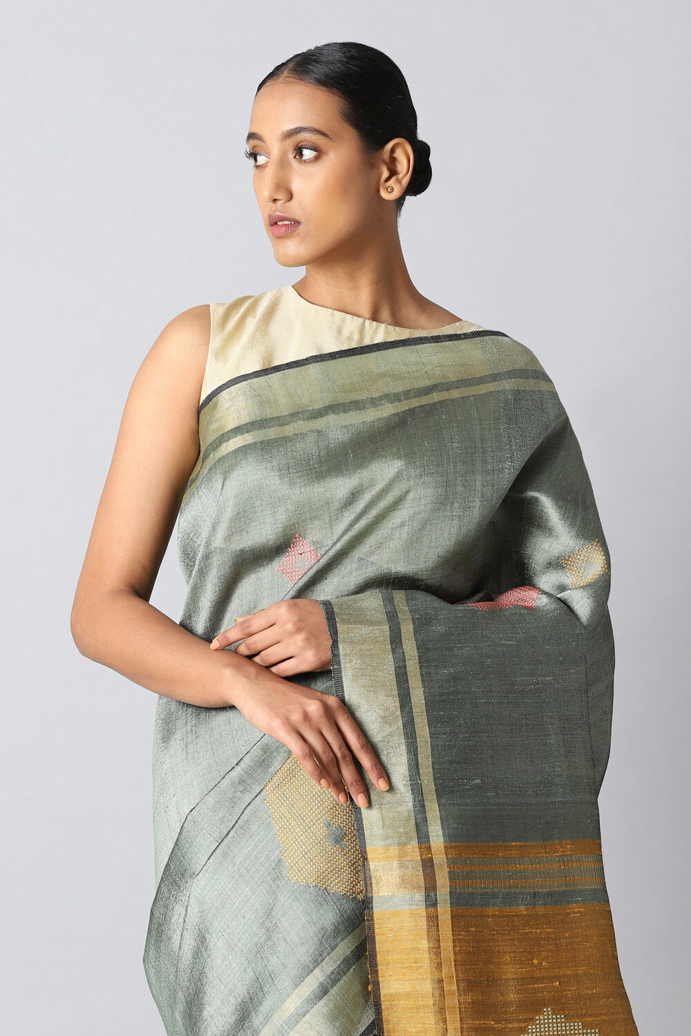 Light Green Pure Tussar Silk Bhagalpuri Saree image number null