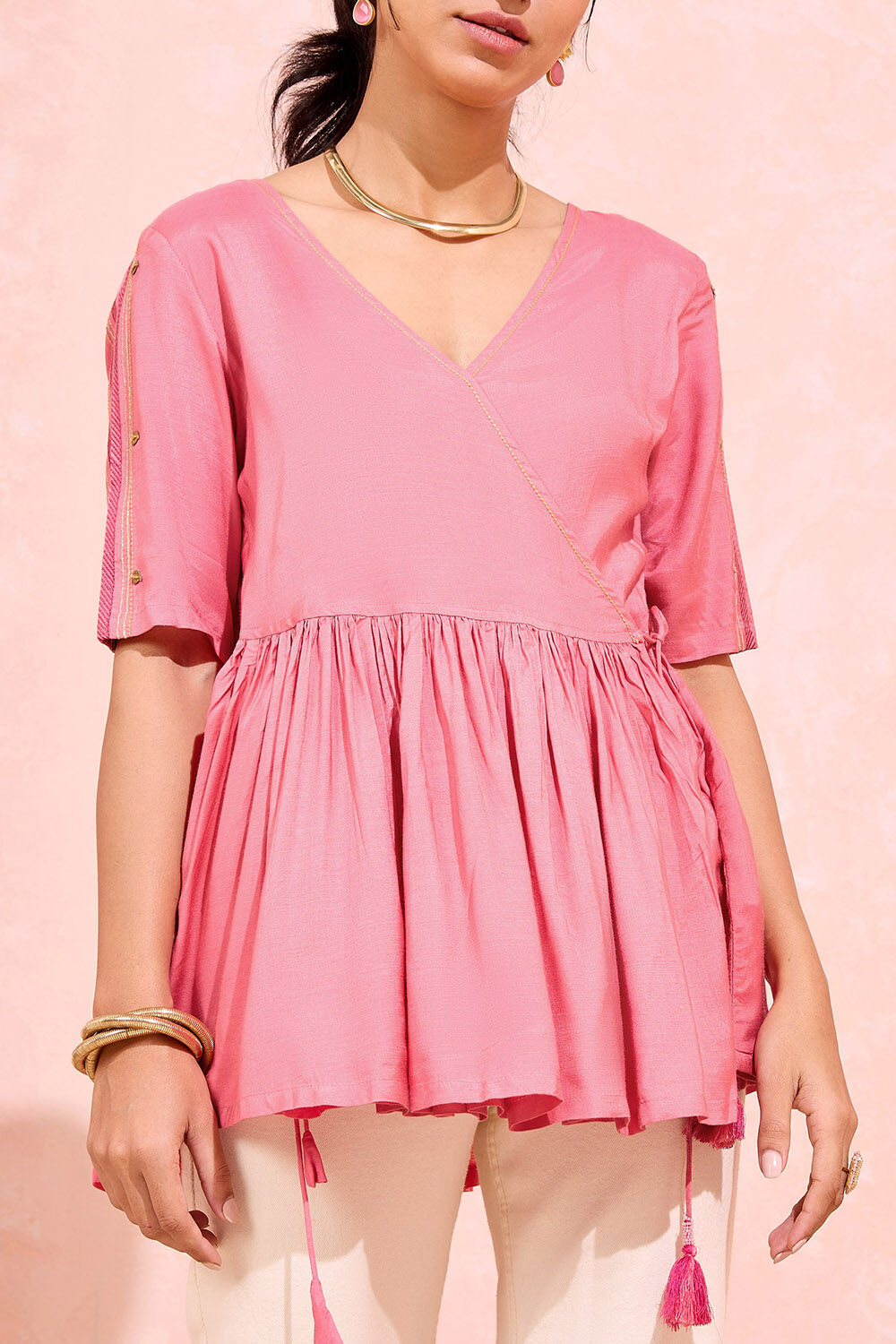 Light Pink Viscose Embroidered Short Top image number null
