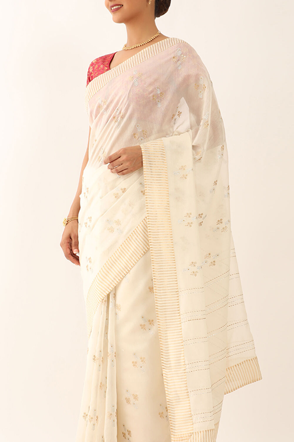 Off White Silk Cotton Embroidery Saree image number null