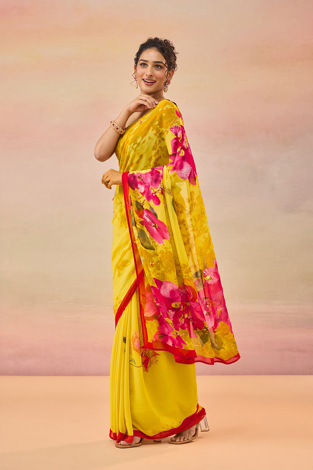 Yellow Bengal Printed Embroidered Viscose Georgette Saree image number null