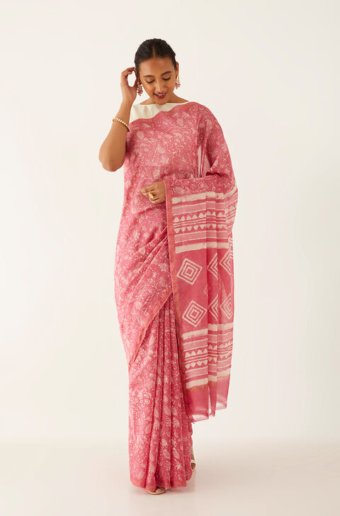 Pink Pure Silk Cotton Dabu Block Printed Saree