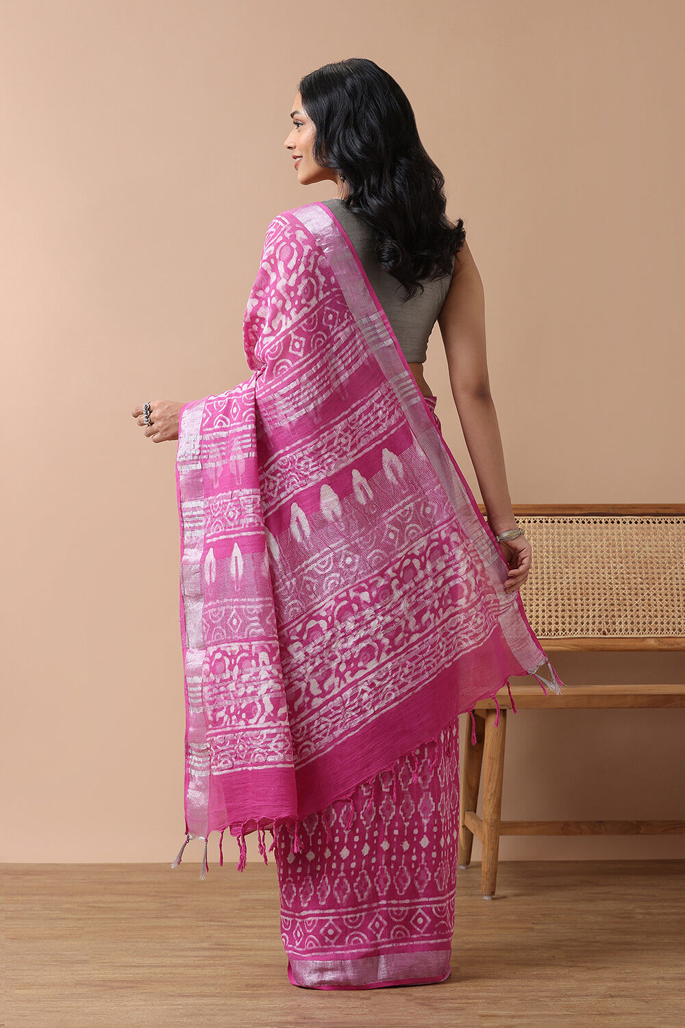 Light Pink Cotton Viscose Rajasthan Block Printed Saree image number null