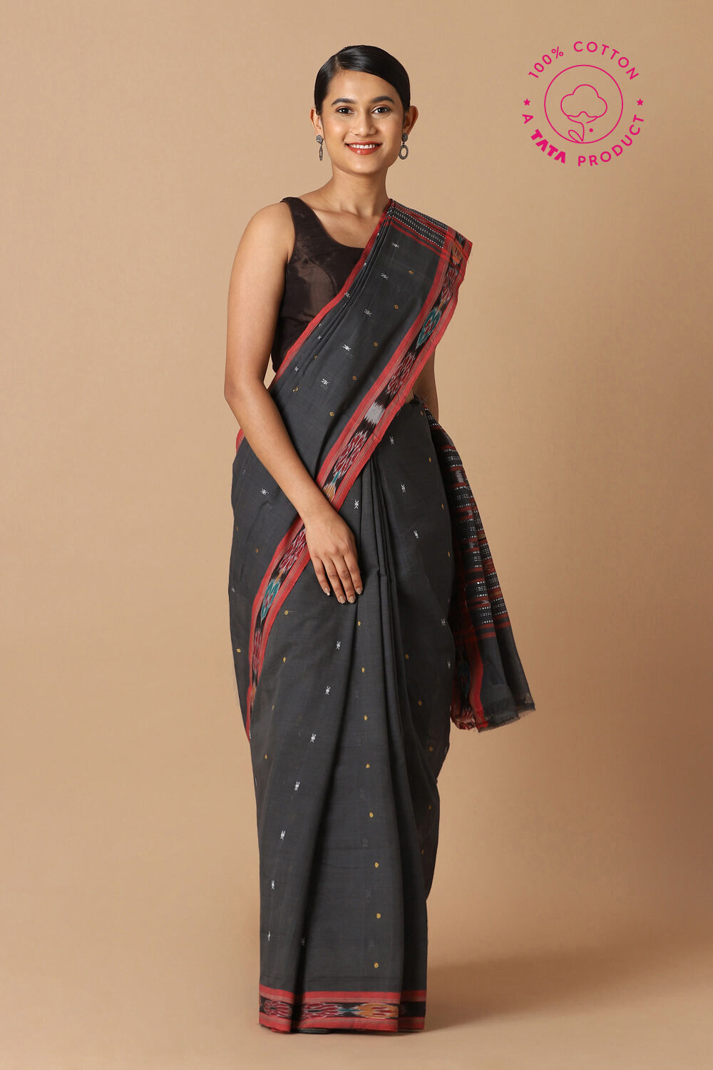 Black Pure Cotton Sambalpuri Ikat Saree image number null