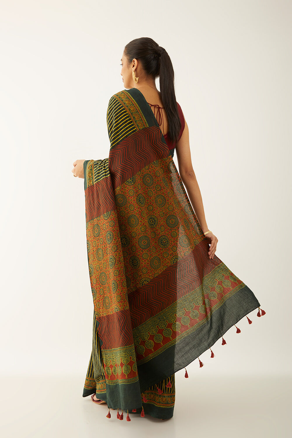 Green Pure Cotton Ajrakh Block Print Saree image number null