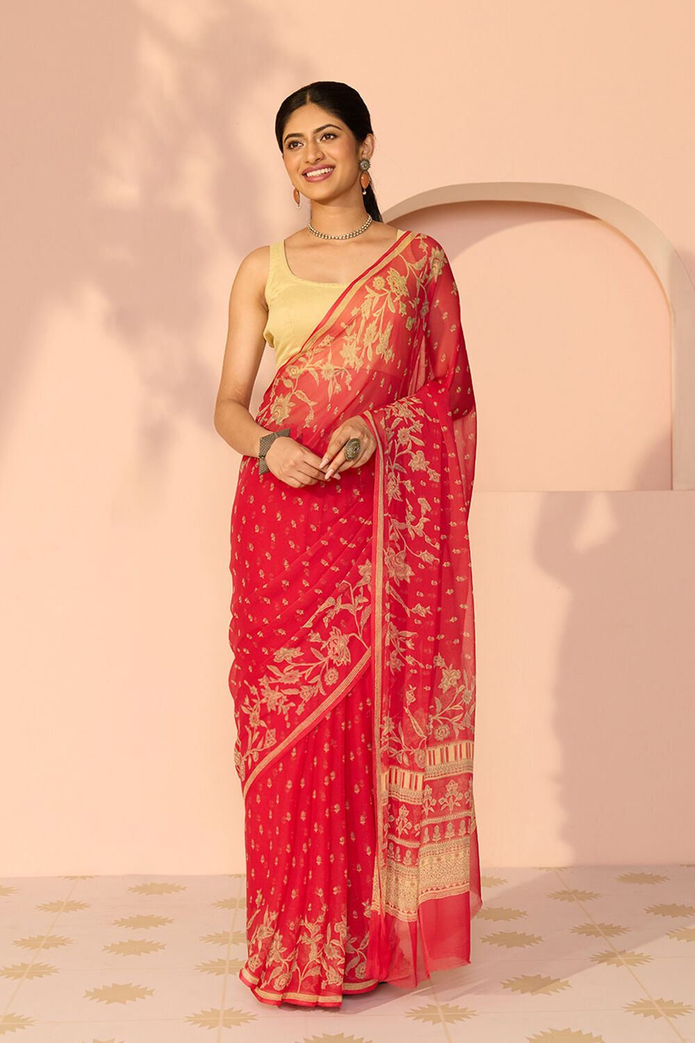 Red Screen Printed Viscose Chiffon Saree image number null