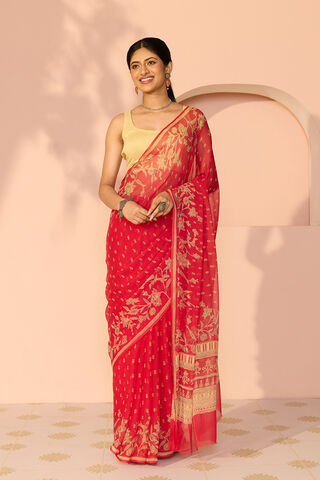 Red Screen Printed Viscose Chiffon Saree thumbnail image number null