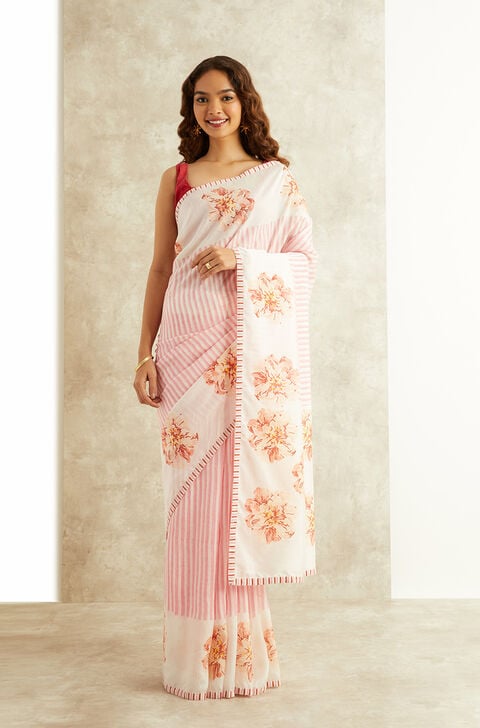 White Block Printed Viscose Luxe Rajasthan Saree