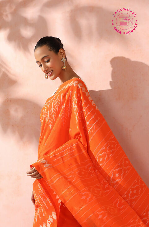 Orange Pure Cotton Pochampalli Ikat Saree